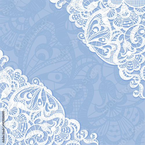 Lace frame background. Openwork woven ornaments, delicate white decorations, patterned border, cotton ribbon textile elements, square poster, card design, splendid vector texture illustration