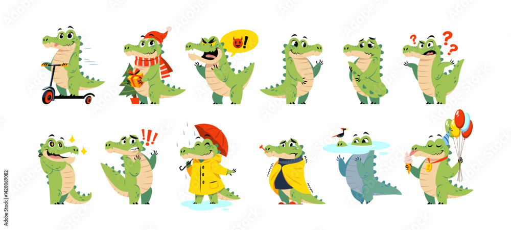 Fototapeta premium Funny crocodile. Cute animal character, cartoon reptile mascot, green alligator, different actions, poses and emotions, birthday and vacation cartoon flat style isolated tidy vector set