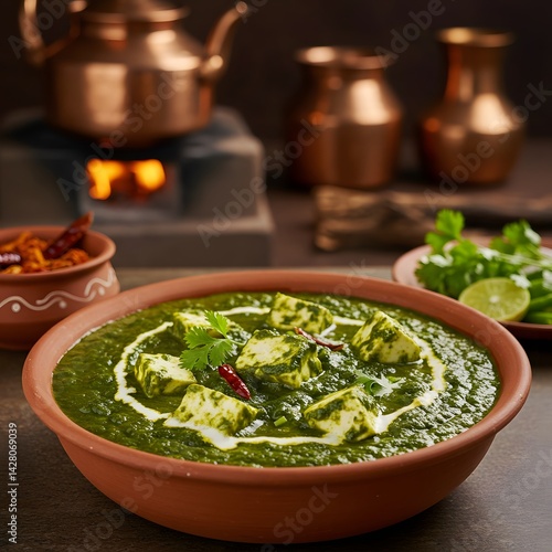 Delicious Palak Paneer Indian Dish in Clay Bowl