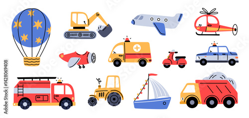Color kids transport. Childish toys, cars, boats, airplanes and trucks, cute traffic elements, boys games equipment, plane, ship and police auto cartoon flat style isolated garish vector set