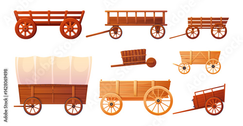 Cartoon wooden wagons. Farm old vehicles, retro carriages with big wheels, wild west horse transport, western wheelbarrow, empty countryside cargo cartwheels classy vector isolated set