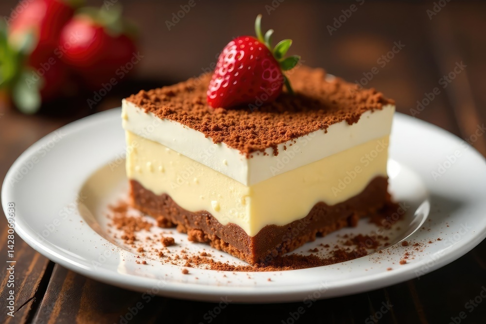 Individual serving of tiramisu; cocoa dusted, rich and creamy texture, dessert, mascarpone, close-up Individual serving of tiramisu; cocoa dusted, rich and creamy texture, dessert, mascarpone, close-up
