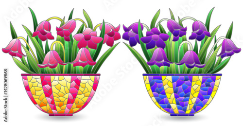 A set of stained glass illustrations with bell flowers bouquets , dark outlines on a white background