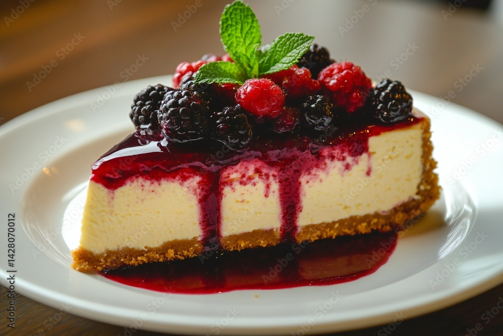 A cheesecake with a golden graham cracker crust, creamy vanilla filling, and a glossy berry compote topping, garnished with fresh mint, created by ai A cheesecake with a golden graham cracker crust, creamy vanilla filling, and a glossy berry compote topping, garnished with fresh mint, created by ai