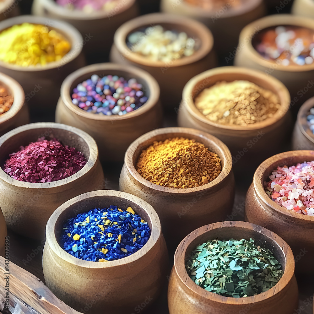 Fototapeta premium Colorful Spices in Wooden Bowls: A vibrant collection of exotic spices in small wooden bowls, showcasing a wide array of colors and textures. Perfect for culinary blogs, food websites.