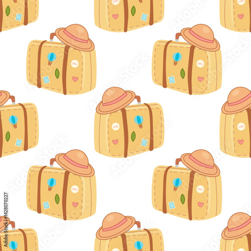 Seamless travel luggage pattern with hats and stickers