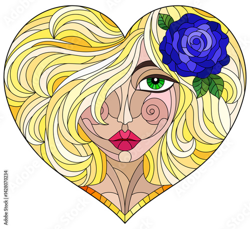 A stained glass illustration with a portrait of a girl with bright hair and a heart-shaped rose