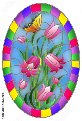 Illustration in stained glass style with leaves and bells flowers, pink flowers and butterfly on sky background in a bright frame  , oval image 