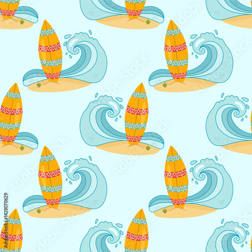Surfboard and wave seamless pattern for summer themes
