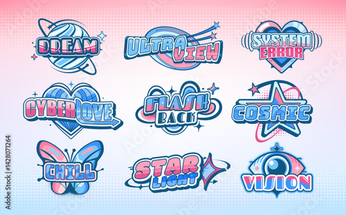 Y2k icons and retro stickers with abstract stars, planet globe, hearts and eye, butterfly, swirls and sparks. Vintage futuristic figures and retro y2k symbols at blue pink halftone pattern background