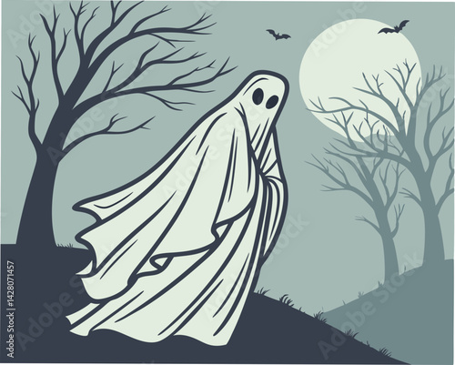 Ghost wandering in a spooky landscape under a full moon  