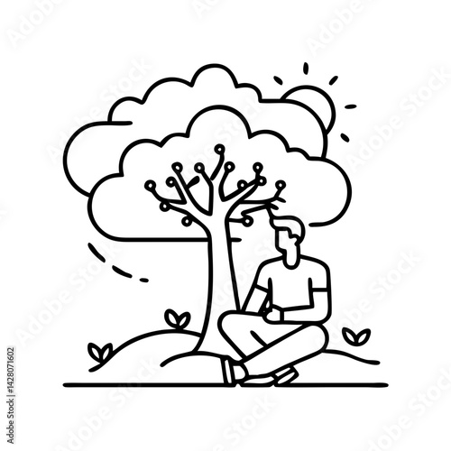 person under tree nature therapy icon, person under tree nature therapy line art - simple line art of person under tree nature therapy, perfect for person under tree nature therapy logos and icons