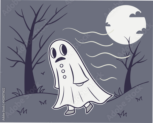 Ghost walking sadly in a spooky graveyard under the moon  