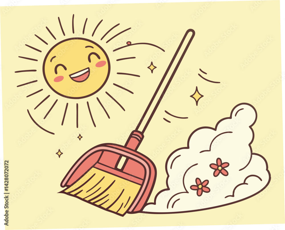 Happy Sun and Broom Cleaning Up Spring Mess Happy Sun and Broom Cleaning Up Spring Mess