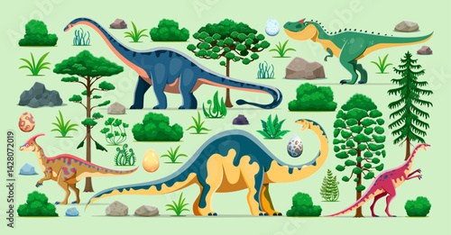 Cartoon prehistoric dinosaurs and dino lizards in Jurassic era forest, vector characters. Prehistoric extinct animals and reptiles or dinosaur egg in jungles for kids atlas book or paleontology museum