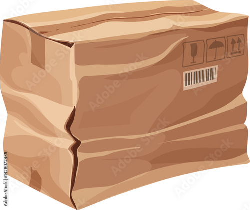 Damaged and ripped package cardboard box. Destroyed crumpled cardboard paper container, ripped crushed isolated cartoon vector cargo parcel. Damaged wet shipping package or broken dirty delivery box