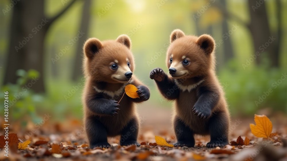 Obraz premium Two Bear Cubs Playing With Leaf