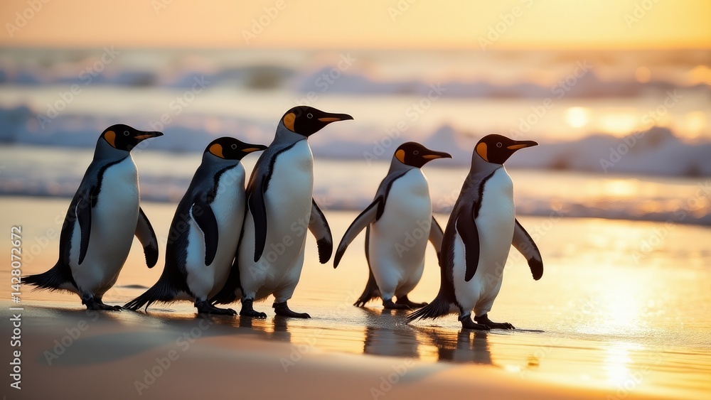 Fototapeta premium King Penguins Walking On Shoreline At Sunset