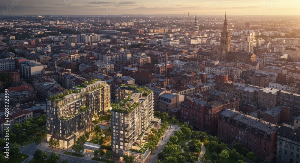 Obraz premium Aerial View of Modern Architecture in Gdansk Poland at Sunset Golden Hour Cityscape