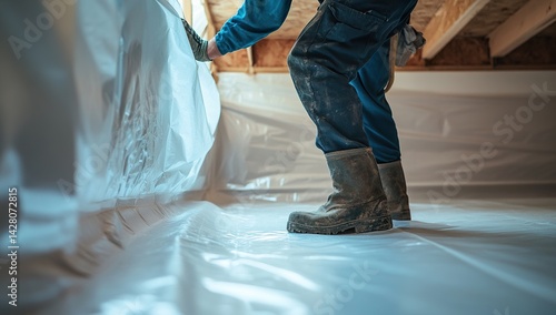 Worker laying polythene sheeting on the floor of an unfinished house, wearing work boots and black cargo pants, captured crouching in a close-up, low-angle, 