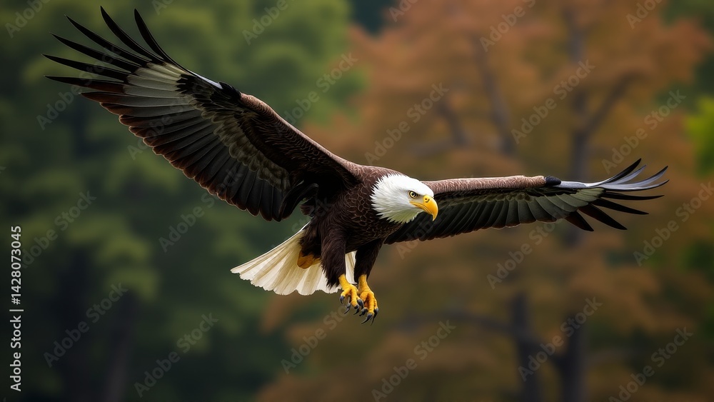 Obraz premium Bald Eagle In Flight Against Trees