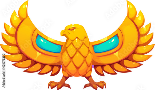 Cartoon golden falcon with outstretched wings inspired by ancient Egyptian mythology. Egypt game icon, treasure asset. Vector majestic Horus bird symbolizing power, divinity, and protection in Egypt