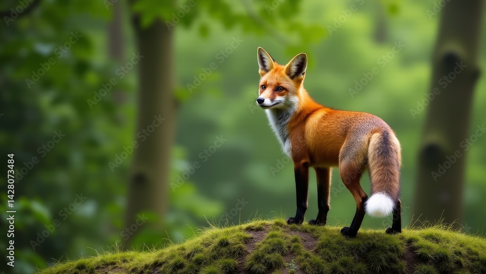 Obraz premium Red Fox Stands Atop Mossy Knoll