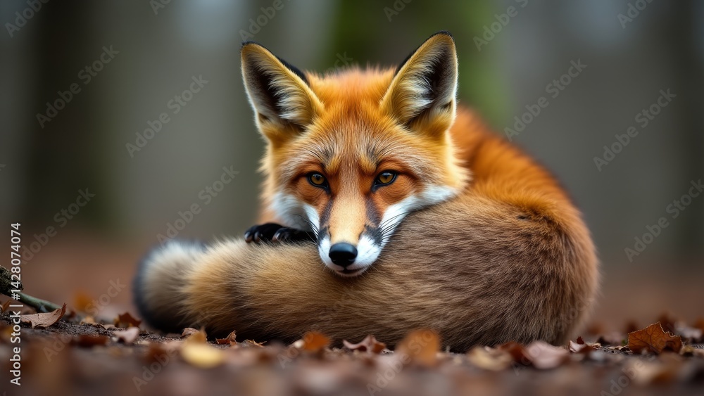 Fototapeta premium Red Fox Curled Up In Autumn