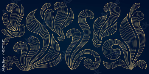 Vector set of art deco floral elements, line golden leaf swirl ornament. Plant petals boho branches, decor design, swirl logos.