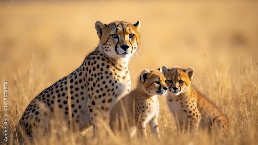 Obraz premium Cheetah Mother With Cubs In Savannah
