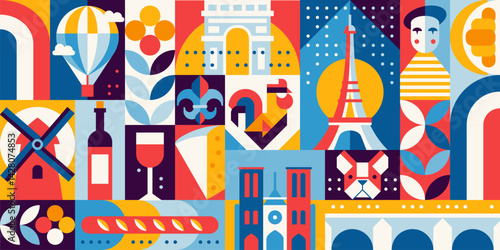 Geometric France pattern. Vector background representing French culture with icons like the Eiffel tower, arc de triumphed, wine, baguette, cheese and hot air balloon, rooster, Notre dame, windmill
