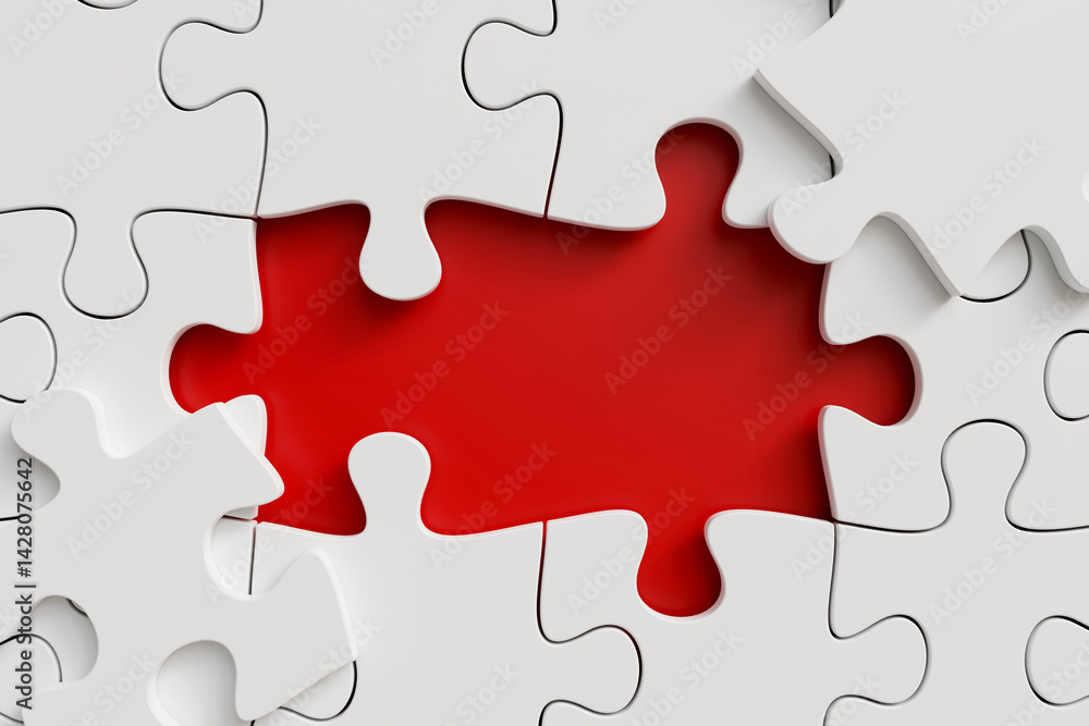 white jigsaw with missing two piece on red background, business and teamwork concept, copy space, 3d render white jigsaw with missing two piece on red background, business and teamwork concept, copy space, 3d render