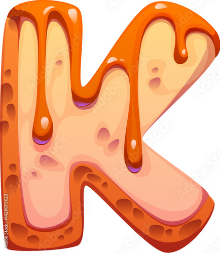 Dessert font, sweet candy type of confectionery with caramel syrup, vector cartoon typeface. Dessert font and English alphabet type of bakery sweet pastry, letter K toffee fudge candy with caramel