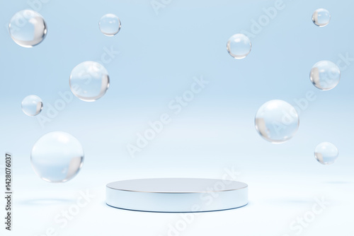 White podium with air bubbles on blue water surface, showcase product, soap spheres or water drops for product ad presentation cosmetics, 3d render