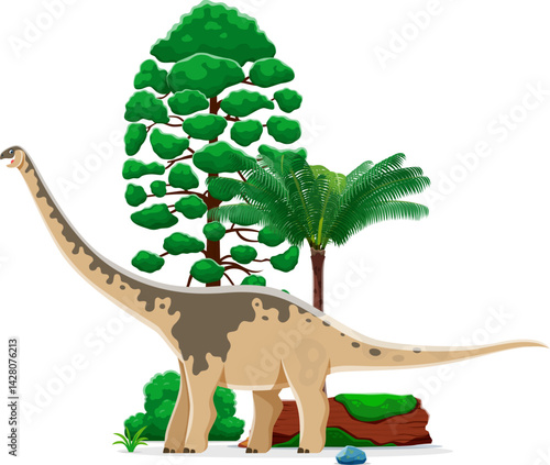 Paralititan prehistoric dinosaur character roaming at serene nature scene. Cartoon vector friendly dino sauropod standing at Jurassic era landscape with lush flora, tall trees, ferns and mossed log