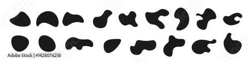 Organic black blob with irregular shape. Abstract blotches, ink smudges and pebble silhouettes, simple liquid amorphous splodge elements make up a creative minimal bubble rock vector set