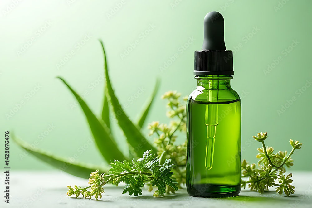 Extracting natural remedies green essential oil bottle organic garden close-up tranquil environment Extracting natural remedies green essential oil bottle organic garden close-up tranquil environment