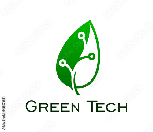 Green tech, smart digital farm and green energy or eco technology, vector icon. Leaf with chipset emblem for digital tech and computer innovation, smart green power and future biotechnology symbol