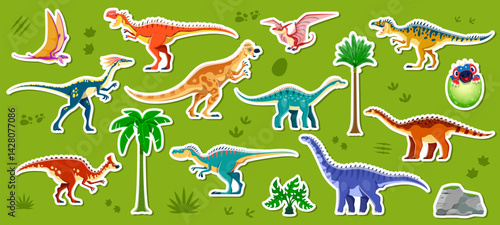 Prehistoric dinosaur and reptile stickers set. Vector patches pack with dino species and elements like trees and rocks. Playful stickers for children educational activities, game, scrapbook hobbies