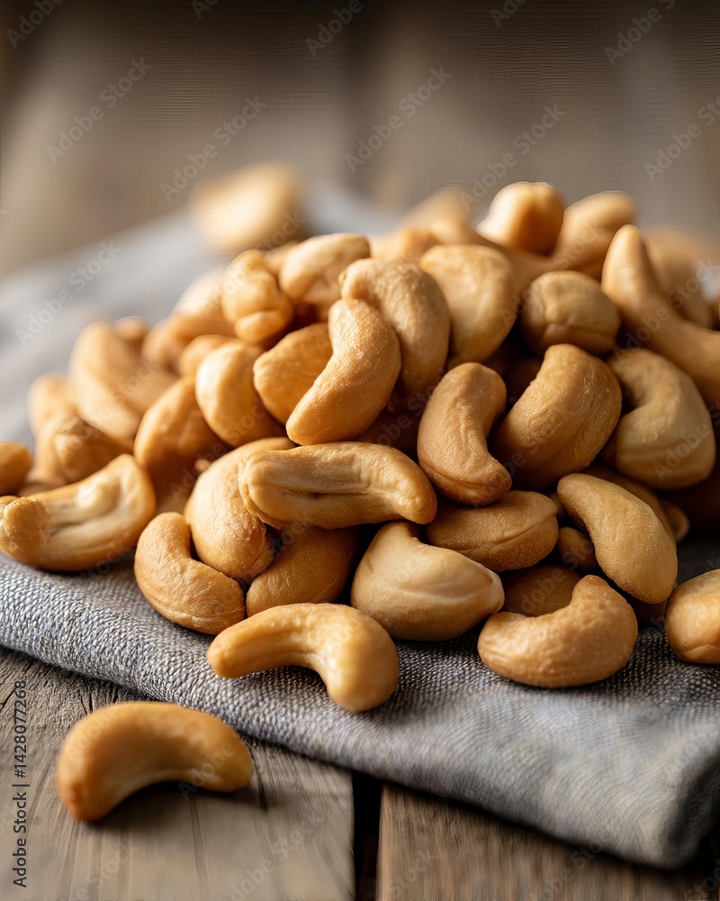 Obraz premium A close-up of roasted cashew nuts piled on a cloth napkin on a rustic wooden table.