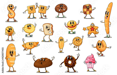 Funny groovy bread and bakery desserts characters, vector cartoon pastry emoji. Groovy croissant with happy smile and funky cupcake muffin with bagel or cookie biscuit and donut cartoon characters