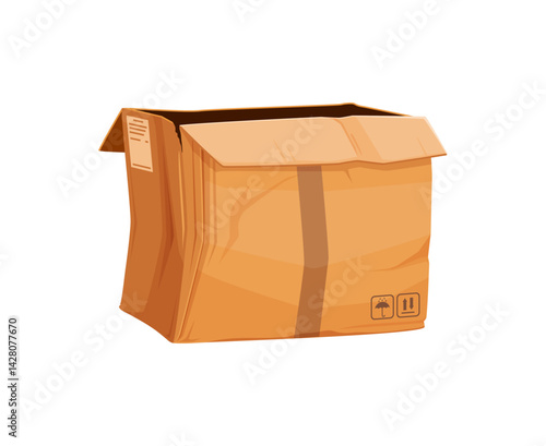 Damaged and ripped delivery cardboard box cartoon. Ripped crumpled delivery box, broken dirty isolated vector shipping parcel. Destroyed crushed cargo package cartoon or damaged wet paper container