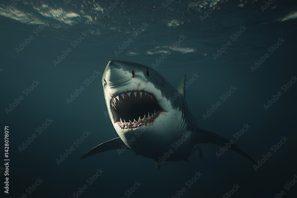 Naklejka premium A big white shark with open teeth is a dangerous marine predator in the tropical ocean reef nature