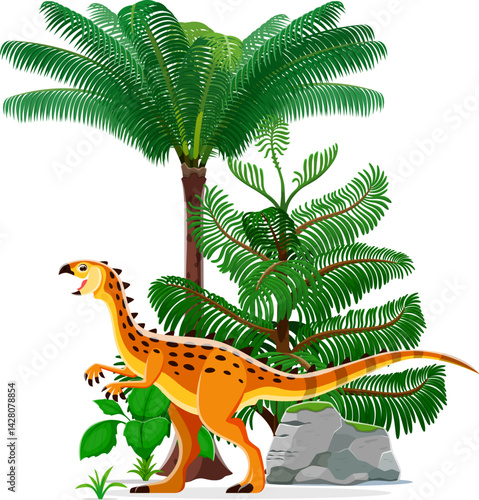 Dinosaur prehistoric lizard Scutellosaurus or Jurassic reptile animal, cartoon vector. Prehistoric era Scutellosaurus dinosaur of thyreophoran species for kids dino encyclopedia or paleontology museum