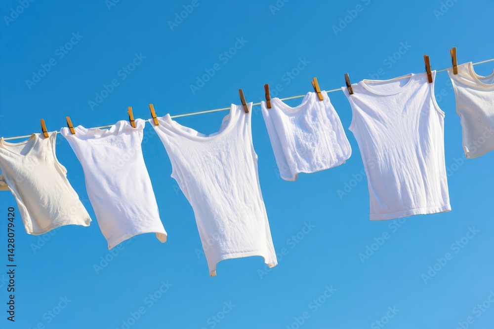 Freshly washed white clothes drying on a clothesline against a clear blue sky. Freshly washed white clothes drying on a clothesline against a clear blue sky.