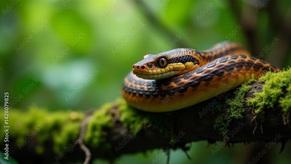 Fototapeta premium Cat-Eyed Snake Coiled On Mossy Branch