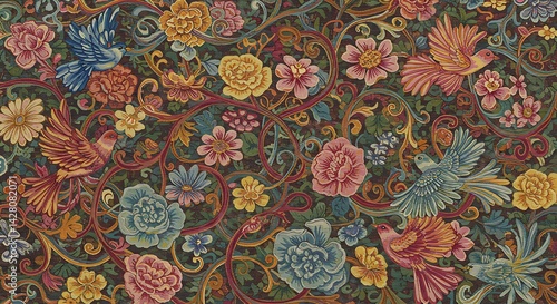 Intricate vintage pattern with colorful birds, roses, and foliage in ornate, tapestry-like style. Richly detailed and seamlessly repeating floral and nature-inspired design.