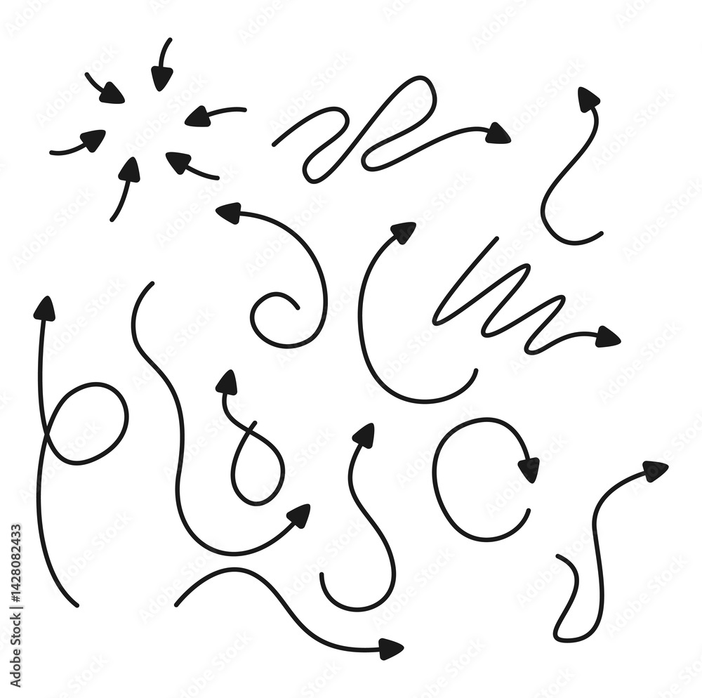 Hand drawn arrows and sketch doodle style curved arrows collection flat vector illustration. Hand drawn arrows and sketch doodle style curved arrows collection flat vector illustration.