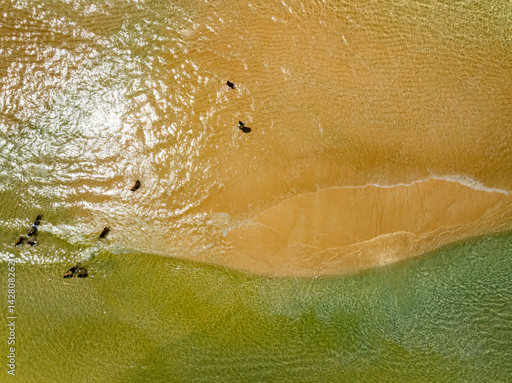 Fototapeta premium Beautiful landscape summer sea beach nature background,Amazing waves texture background, Aerial view wide angle sea background