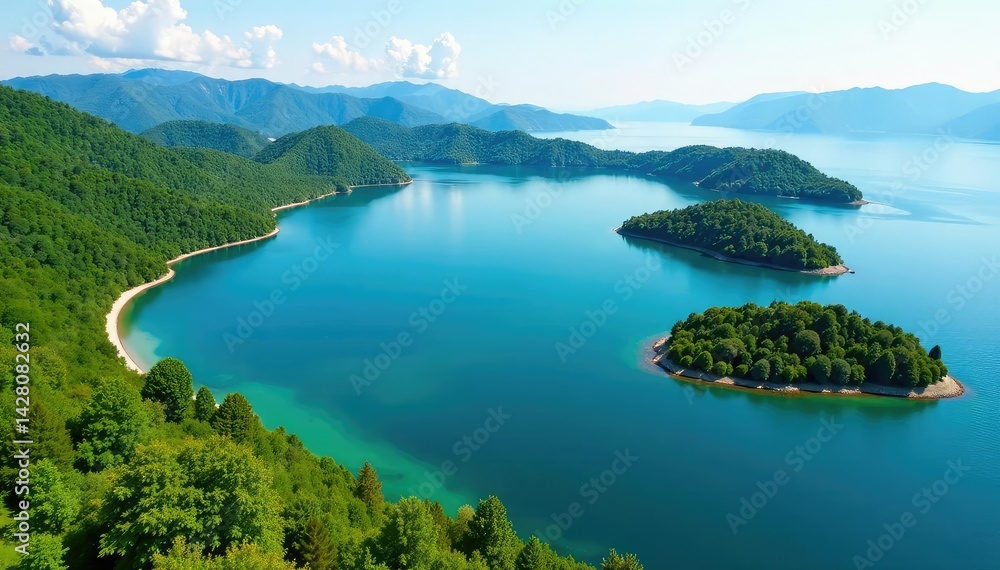 Irregular shaped lake with winding shoreline & islands , tranquil, clear, freshwater Irregular shaped lake with winding shoreline & islands , tranquil, clear, freshwater